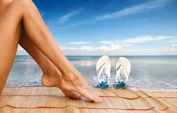 Picture sea, the sky, clouds, legs, Slippers