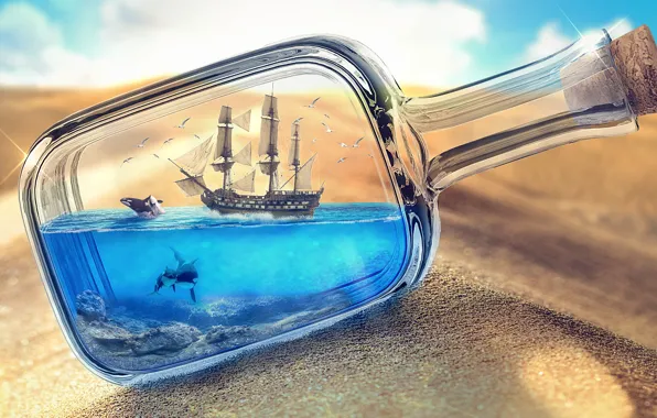 Sand, sea, desert, ship, bottle, photoart, ship in a bottle, sea in the bottle