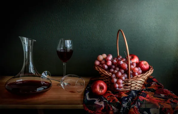 Wine, basket, apples, grapes, still life