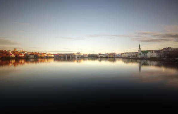 Reflection, Church, Bay, Iceland, reflection, Iceland, Reykjavik, bay