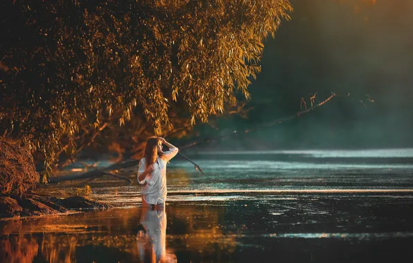 Water, girl, trees, pose, river, mood, Julia, Vadim Miller