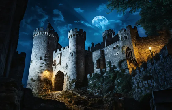 The sky, night, castle, the moon, landscape, view, castle, ancient