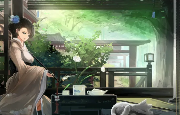 Cat, girl, flowers, nature, tube, anime, art, kimono