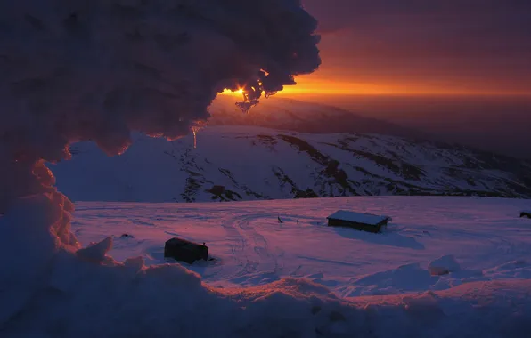 Winter, the sun, snow, sunrise, ray