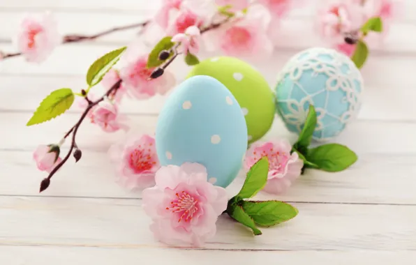 Flowers, holiday, eggs, branch, spring, blue, green, Easter