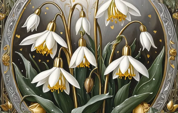 Flowers, pattern, texture, spring, styling, frame, snowdrops, white