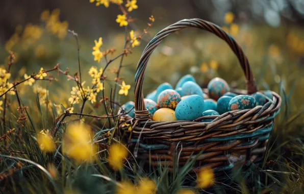 Flowers, holiday, eggs, spring, Easter, basket, painted, eggs