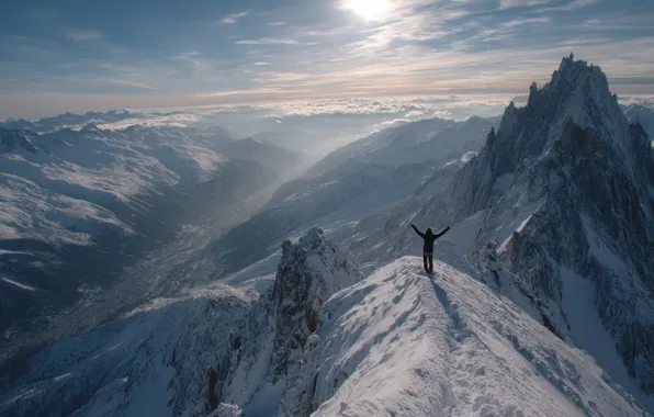 Winter, the sky, the sun, clouds, light, snow, mountains, pose