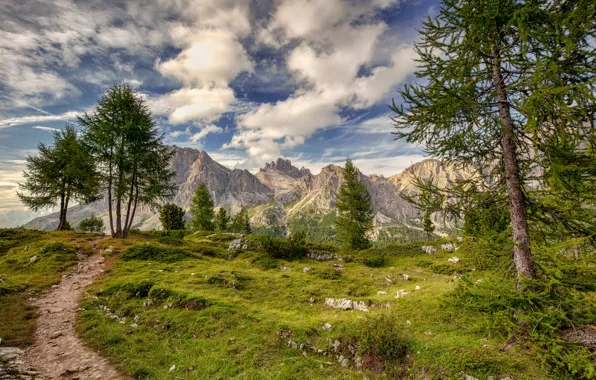 Clouds, trees, mountains, Italy, path, The Dolomites