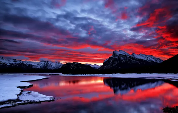 The sky, clouds, snow, mountains, lake, glow