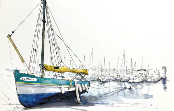 Picture figure, sailboat, port