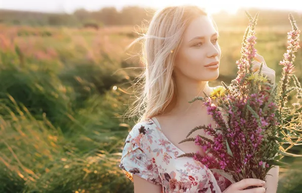 Picture summer, girl, flowers, mood, hair, bouquet, meadow, Alexander Drobkov-Light