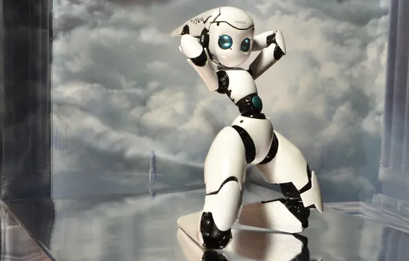 Clouds, surface, pose, robot, height, art, girl, tower