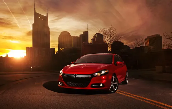 Picture Sunset, Red, The city, Machine, Dodge, Building, Dodge, The front