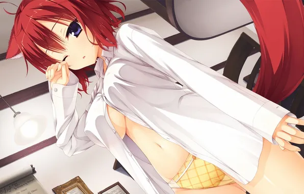 Chest, girl, panties, tail, shirt, neko, ears, sleepy