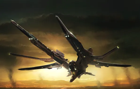 The sky, The ship, Art, Fiction, Concept Art, Transport, Bomber, Science Fiction