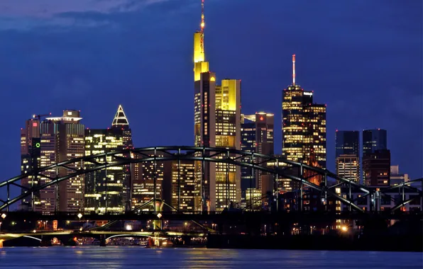 Picture bridge, river, skyscrapers, the evening, Germany, backlight, megapolis, Germany