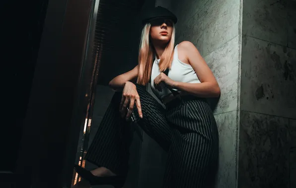 Girl, pose, hands, blonde, cap, pants, Max Miron