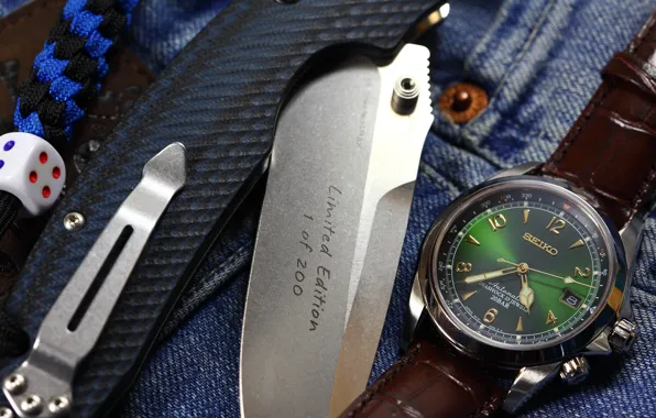 Picture watch, knife, folding, dice