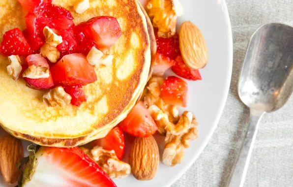 Berries, strawberry, nuts, pancakes, pancakes