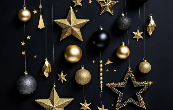 Stars, balls, the dark background, Christmas, New year, black background, gold plated, stars