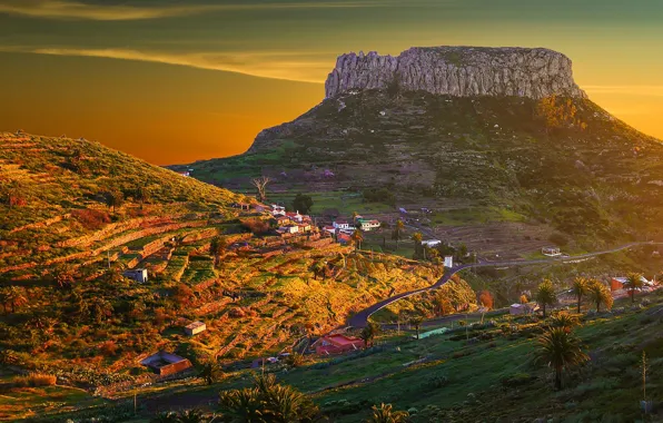 Road, the sky, the sun, mountains, palm trees, rocks, dawn, houses