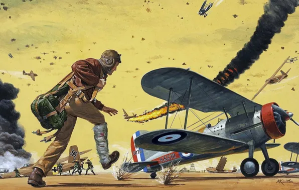 The sky, figure, art, attack, pilot, the airfield, uniforms, dogfight