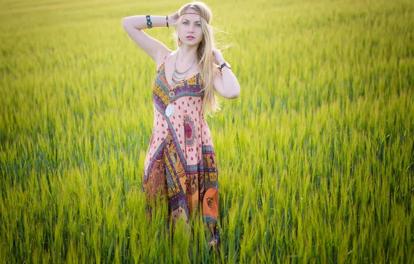 Field, eyes, girl, hair, dress