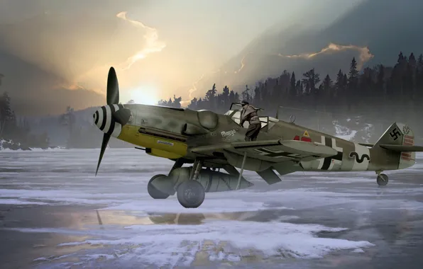 Painting, Messerschmitt, Air force, piston, single-engine, Bf.109G-6/R6, fighter-low