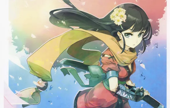 The wind, katana, scarf, samurai, girl, long hair, sheath