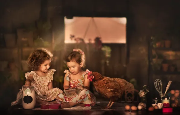 Girls, chicken, kitchen