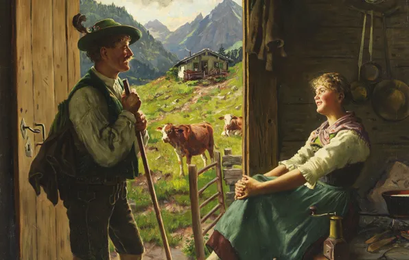 Picture 1880, German painter, German painter, Emil Rau, Emil Rau, Visit on the Alm, A visit …