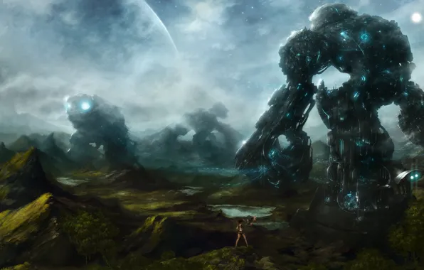 Fog, stones, meeting, planet, robots, dialogue, starlight, fantastic art