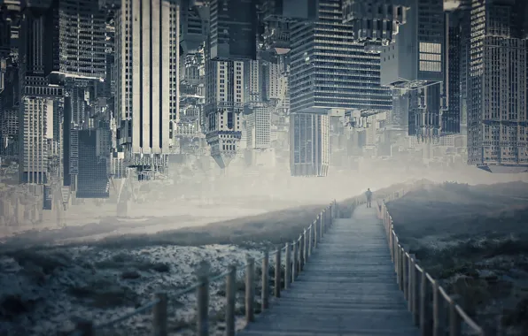 Field, bridge, the city, fog, the way, loneliness, rendering, fantasy