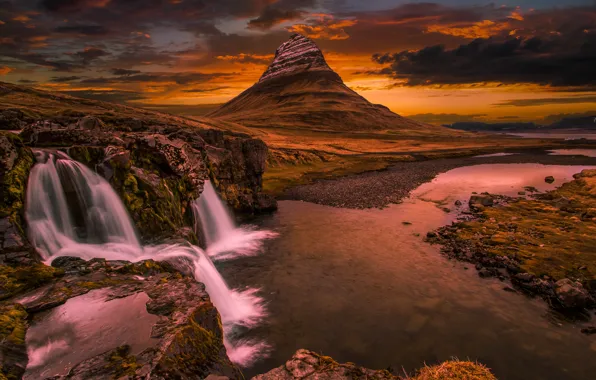 The sky, clouds, mountain, waterfall, Iceland, Kirkufel