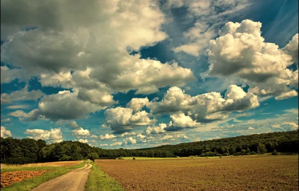 Road, clouds, Field, road, field, clouds