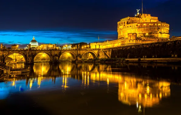 Night, bridge, lights, river, Rome, lights, Italy, fortress