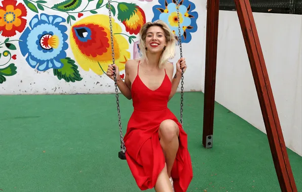 Smile, swing, relax, positive, red sundress