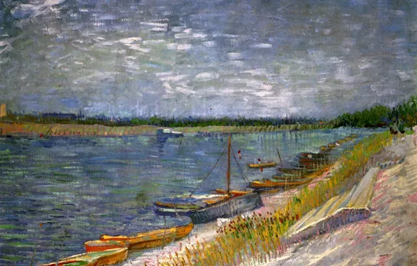 Picture river, boats, Vincent van Gogh, with Rowing Boats, View of a River