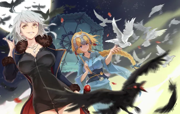 Birds, girls, anime, art, pigeons, Fate