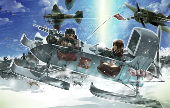 Picture dogs, snow, girls, art, aircraft, tanks, girls and panzer, the military campaign