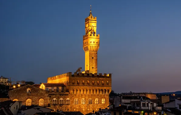 The sky, night, lights, tower, Italy, Florence, Palazzo Vecchio