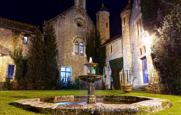 Night, house, France, yard, fountain, Vaux de Cernay