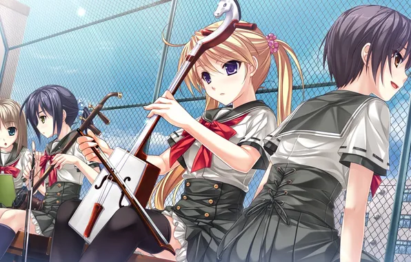 Roof, girls, mesh, stay, grille, musical instruments, game cg, tsukumo no chickens
