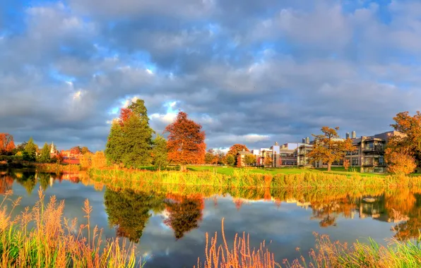 Picture The sky, Water, Clouds, Home, Reflection, Photo, Grass, Autumn
