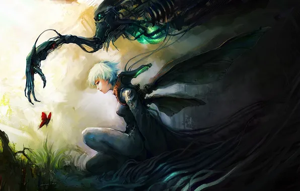 Girl, butterfly, figure, mechanism, art