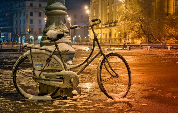 Snow, bike, street, Bucharest