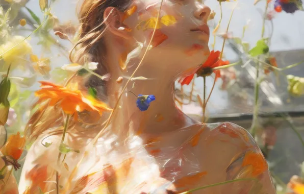 Flowers, Girl, Digital art, AI art, The Art of Artificial Intelligence, Neural network