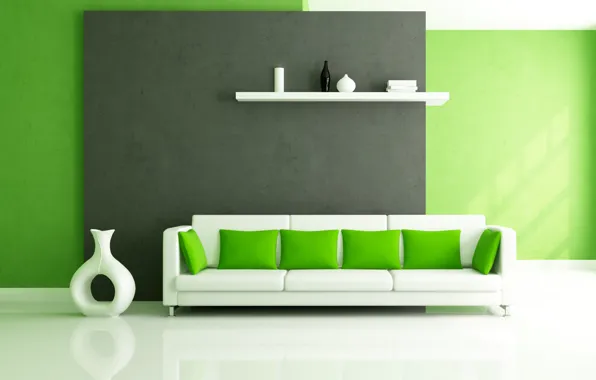 White, design, green, style, sofa, interior, pillow, shelf