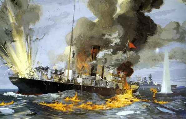Sea, fire, flame, war, smoke, oil, explosions, picture